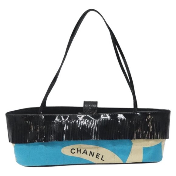 CHANEL Choco Bar Hand Bag Canvas Blue CC Auth - Picture 1 of 15